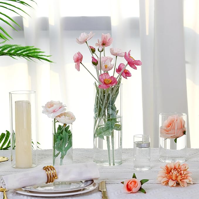 Fixwal 8pcs Clear Glass Cylinder Vases, 4, 6, 8, 10 Inch Tall Cylinder Vases for Centerpieces, Glass Flower Vase, Floating Candle Holder Vase for Table Shelf, Party, Wedding, Home Decor