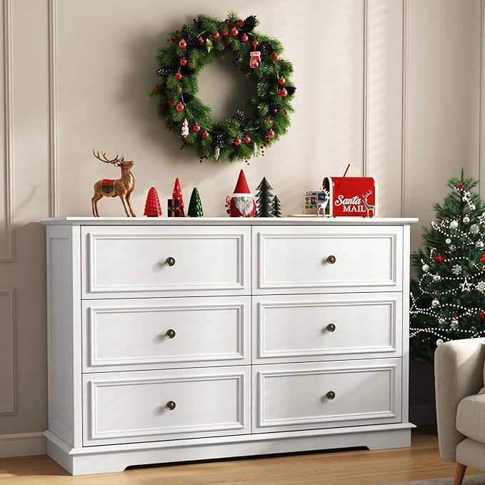 White Dressers for Bedroom, Modern 6 Drawer Dresser with Deep Drawers, Wooden Chest of Drawer and Bedroom Closet Dressers for Living Room, Entryway, Hallway