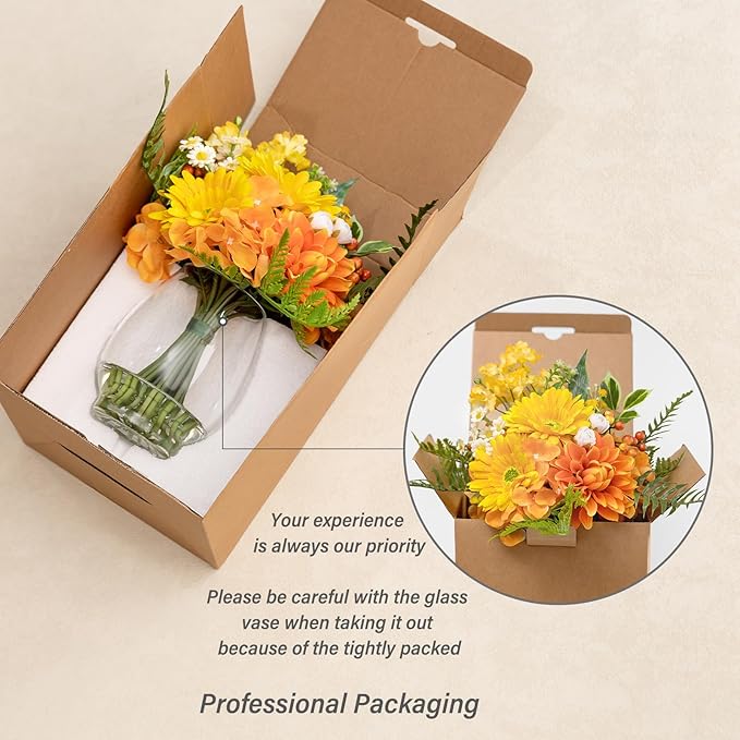 Fake Flowers in Vase with Fake Water, Realistic Faux Silk Dahlia & Gerbera Daisy Artificial Flower Arrangements for Fall Winter Home Wedding Thanksgiving Birthday Party Decor & Gift (Yellow & Orange)