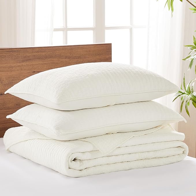 Levtex Home Cross Stitch Reversible King Bedspread Set (120x104in) with 2 Pillow Shams (36x20in) - Stitch Texture - Cream - Cotton King Size Bedspread Set - Soft, Pre-Washed