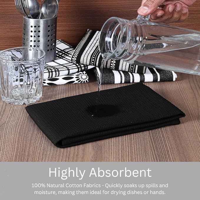 Assorted Kitchen Towels Set of 5-100% Cotton Dish Cloths Towels with Hanging Loop - Soft, Absorbent & Washable for Kitchen Use - Quick Drying Dish Towels 16x26 Inch Black