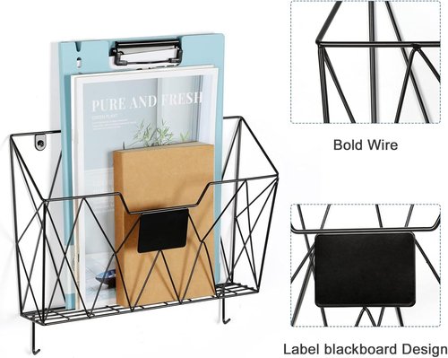 OYEAL Wall File Organizer - Metal 3-Pocket Mail Holder with Hooks for Home or Office - Black