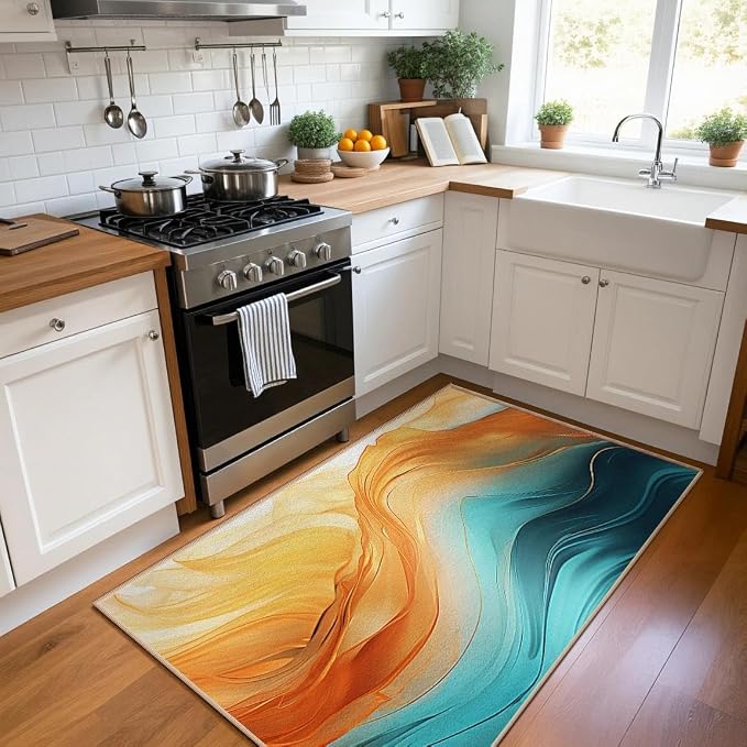 Teal Orange Living Room Rug Carpet 3x5, Turquoise Marble Decorative Area Rugs for Entryway Living Room Kitchen Bedroom, Orange Teal Gold Decor Carpet Non-Slip Machine Washable Indoor Entry Rug