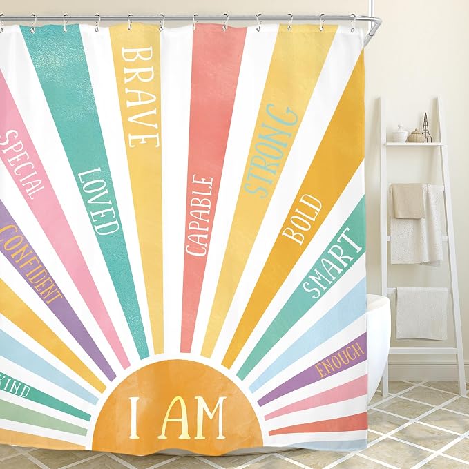 Miyotaa Colorful Sun Pastel Shower Curtain Set 60Wx71H Inches Cute Inspirational Motivational Positive Kids Child Waterproof Bathroom Curtain with 12 Hooks