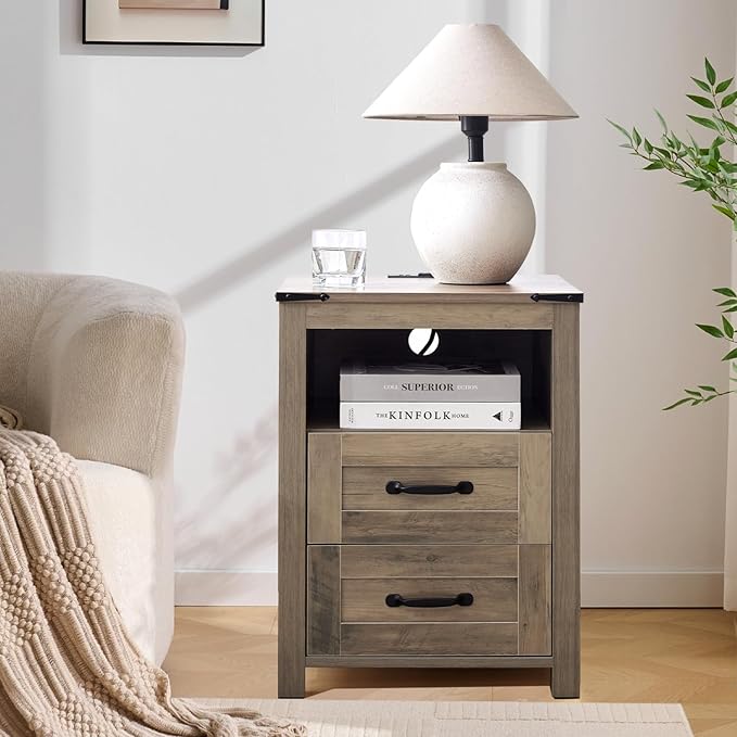 Farmhouse Night Stand Set of 2, Rustic Sierra Nightstand for Bedroom, End Tables with Charging Station, Bedside Table with Drawers, Wood Bedside Cabinet Dresser