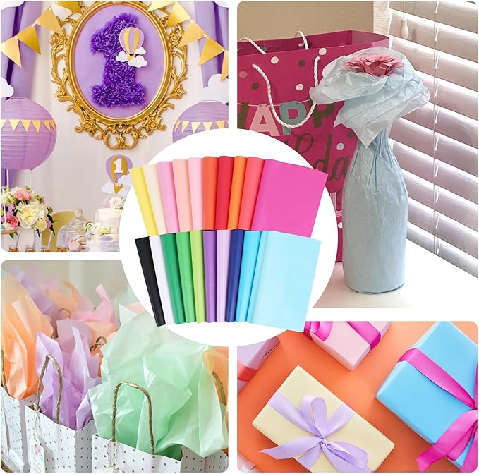 200 Sheets Tissue Paper, 20 Colors 14" X 20" Tissue Papers for Gift Bags Birthday Party Flower Decoration, Colored Tissue Paper Bulk for Packaging