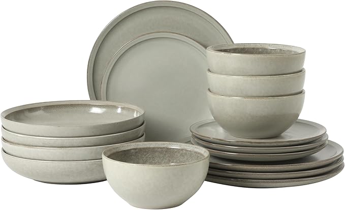 Gibson Elite Beckett Stoneware Matte Reactive Glaze 16 Piece (Service for 4) Plates and Bowls Dinnerware Set - Ash White