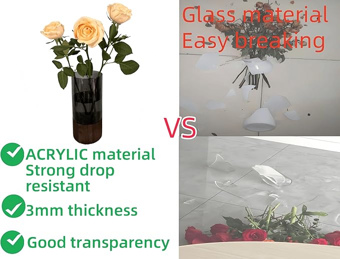 Shatterproof Acrylic Flower Vase with Wood Base–10”H*4.7''W Modern Table Centerpiece for Home Office Decor, Holds Fresh/Dried Stems, Lightweight&Stable, Present for Housewarming Christmas (Cylinder)
