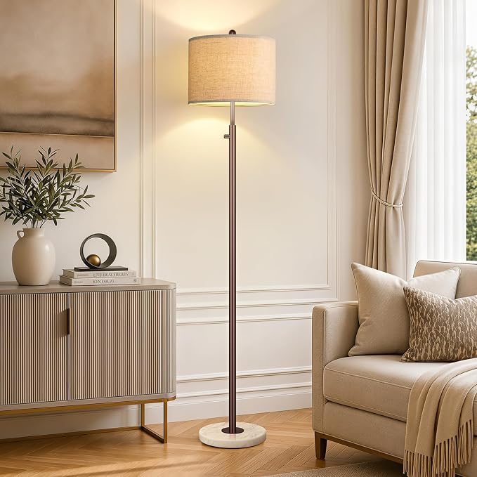 Nintiue 【Upgraded】 Dimmable Floor Lamp for Living Room, 11W LED Bulb Included, Modern Standing Lamp with Marble Base, Tall Pole Light with Linen Shade for Bedroom Reading Office Corner Nursery-Brown