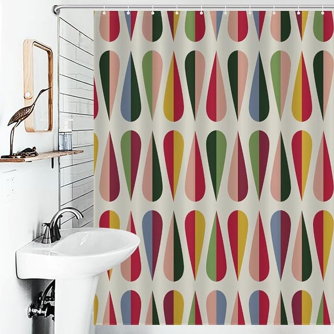 Mid Century Modern Shower Curtain,Retro Geometric Drop Shapes Art Style Shower Curtains Set for Bathroom Fabric Decorative Bath Curtain Washable Curtain Hooks, 72x72 inch