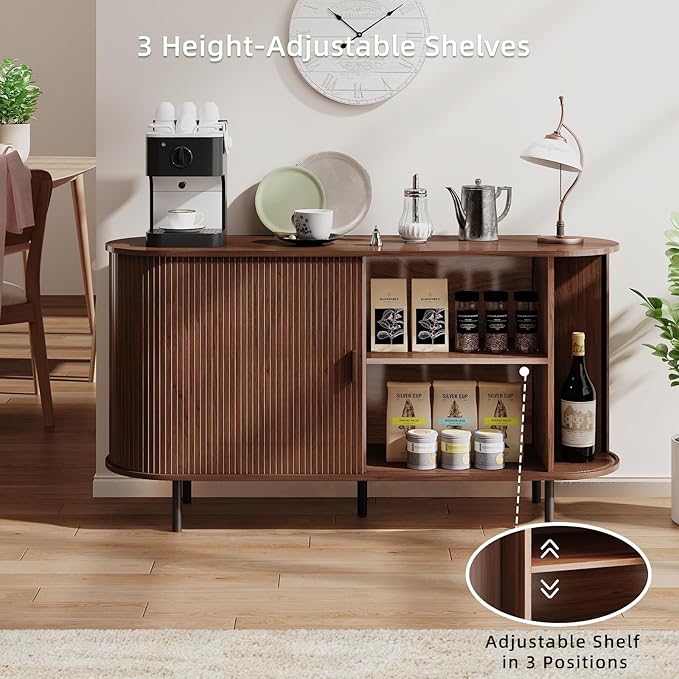 Buffet Sideboard Cabinet with Storage, 55" Fluted Cabinet with Sliding Door & Adjustable Shelf, Modern Accent Coffee Bar Console Table for Kitchen, Entryway, Walnut