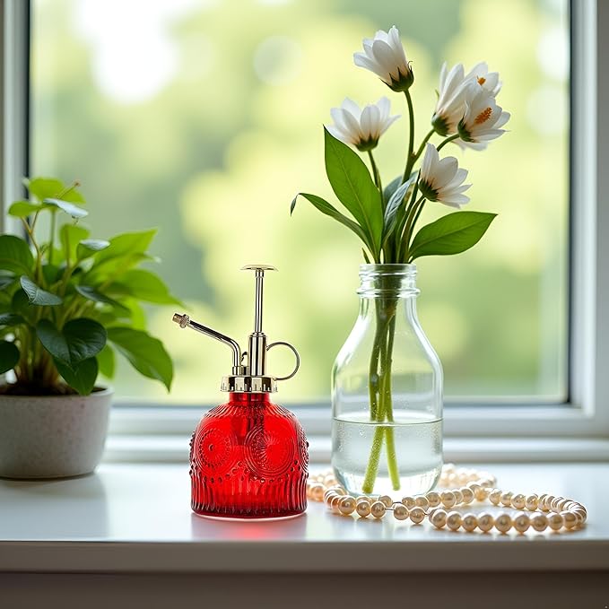 Glass Plant Mister Spray Bottle, 230ML Vintage Plant Spritzer, Succulent Watering Bottle Glass with Top Pump, Small Plants Sprayer Watering Can for Indoor Outdoor House(Red)