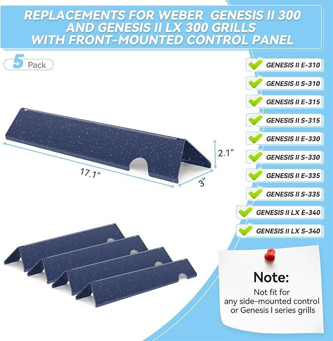 17" Flavorizer Bars for Weber Genesis II Grill Parts GS4 Genesis II/II LX 300 Series Genesis II E-310 E-315 E-335 LX E-340 Heat Plates Replacements for 66795 Porcelain Steel Flavor Bars, 5 Pack