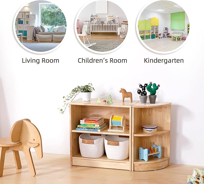 OOOK Rubber Wood Montessori Shelf and Toy Storage, 23.6" L, Compact Toddler Bookshelf for Small Space, Solid Wood Storage Cabinet Shelves for Classroom, Kindergarten, Kids Room, Playroom.