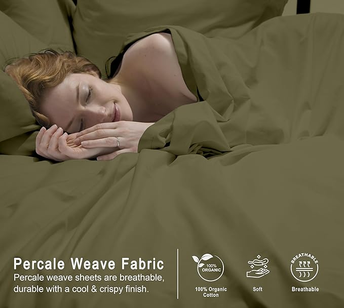 RUVANTI 100% Organic Cotton Sheets California King, Percale Weave, GOTS Certified, 4-Piece Set, Deep Pocket 13", Crisp & Breathable, Soft Durable Bedding, Sábanas Algodón Orgánico – Olive