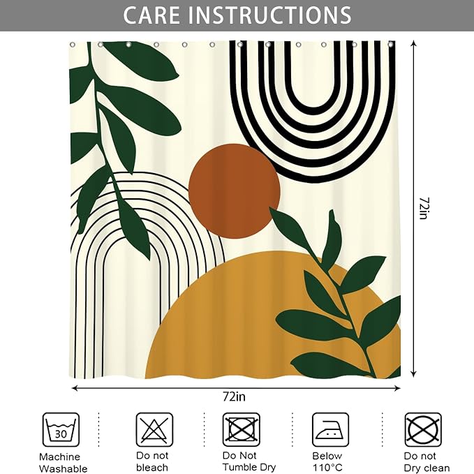Boho Geometric Shower Curtain Beige Mid Century Abstract Arch Curve Bathroom Curtain Minimalistic Sun Shower Curtain Sets for Bathroom Extra Long 72x72 in with 12 Hooks