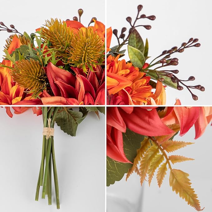 Briful Fall Flowers Artificial Bouquet for Decoration, Fake Silk Flowers Arrangements with Dahlia & Mums Mixed Autumn Floral Stems for Home Room Fall Table Centerpiece Wedding Party Decor