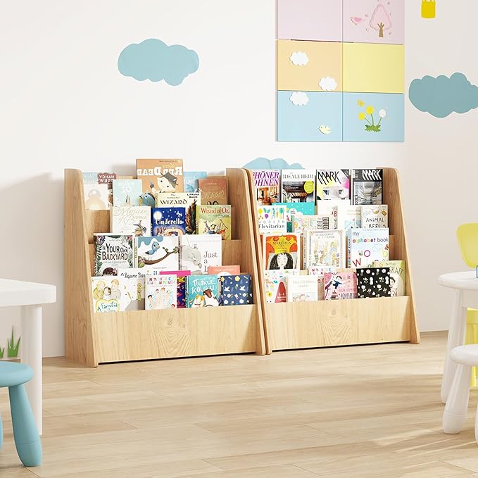 HONEY JOY Kids Bookshelf, 4-Tier Wooden Toddler Bookcase, Children Book Rack & Magazine Display Shelf, Toy Storage Organizer, Book Shelf for Kids Rooms, Playroom, Nursery, Classroom (Natural)