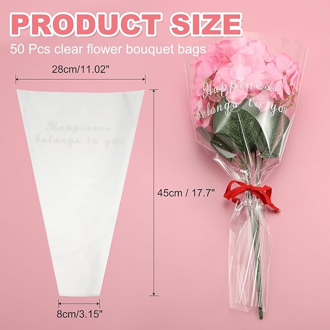 YELARXI Clear Flower Wrapping Bags, Transparent Flower Packaging Bag Waterproof Bouquet Sleeves with Letter - Fitting for (Florists/Floral Arrangements Supplies), 11x3.1x17.7 Inch & 50Pcs