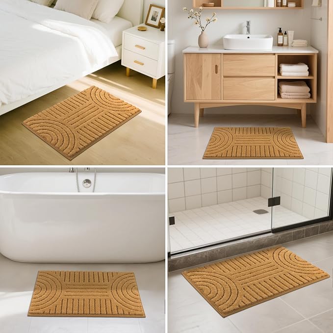 SHACOS Boho Bathroom Rugs 20"x32" Super Soft Absorbent Microfiber Bath Mats Home Decor Non Slip Backing Bath Rugs Machine Washable Shaggy Carpet for Shower Bathtub Floor, Mustard 1'8" x 2'8"