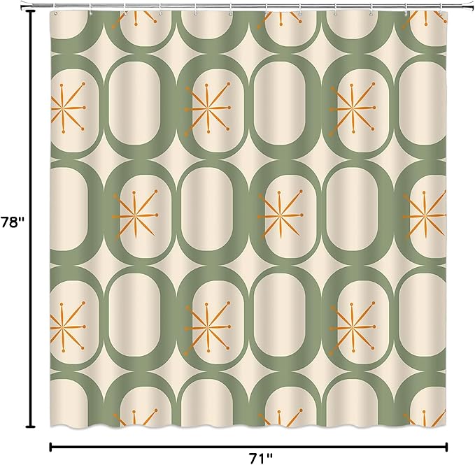 Mid Century Shower Curtain Modern Abstract Atomic Starbursts Squares Retro 50s Geometric Bathroom Decor Polyester Curtains with Hooks