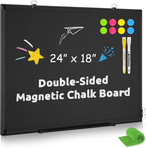 Magnetic Chalkboard - Double-Sided Dry Erase Board | 24”x18” Black Framed for Home, School & Office