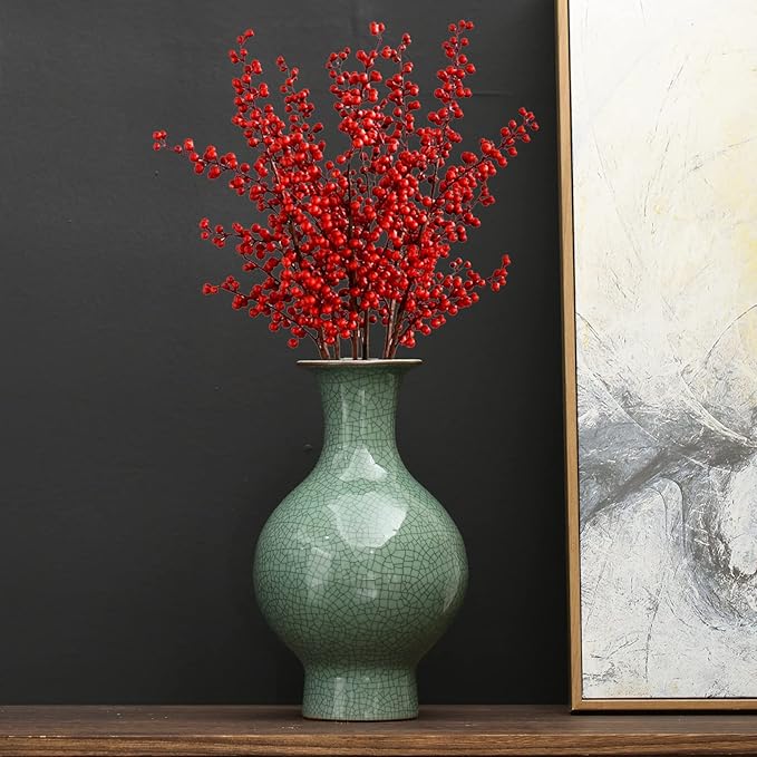 11.2Inches Chinese Ceramic Art Handmade Antique ice Crack Glaze Chinese vases Big China Porcelain Flower Bottle Green Vase for Flowers Home Decoration