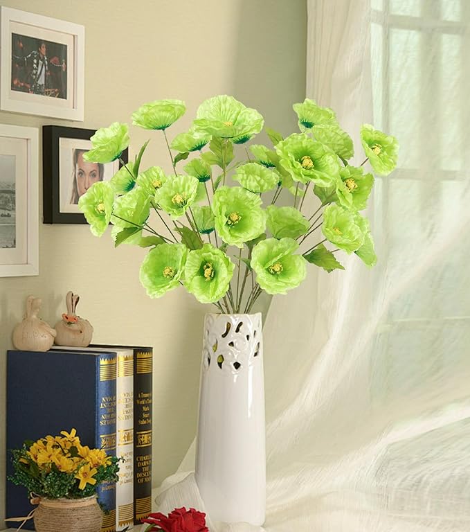 Poppies Flowers Artificial Silk Flowers 32in 6PCS Artificial Poppies Green Flowers for Wedding Home Party Table Centerpiece Arrangement Decoration (Green)