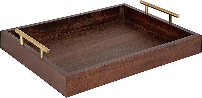 Kate and Laurel Lipton Decorative Wooden Tray with Metal Gold Handles, 16.5" x 12.25", Dark Walnut Brown and Gold