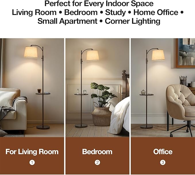 AIDENOEY Fully Dimmable Floor Lamp for Living Room，Standing Lamp Rotary Switch with Table&Linen Beige Shade，Brown Tall Lamps for Bedroom with Adjust Head，9W LED Bulb Included