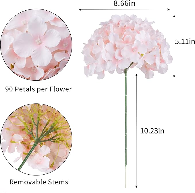 DuHouse Silk Hydrangea Artificial Flower Heads with Stems Fake Hydrangeas Flowers for DIY Wedding Centerpiece Home Decor,Pack of 6 (Baby Pink)