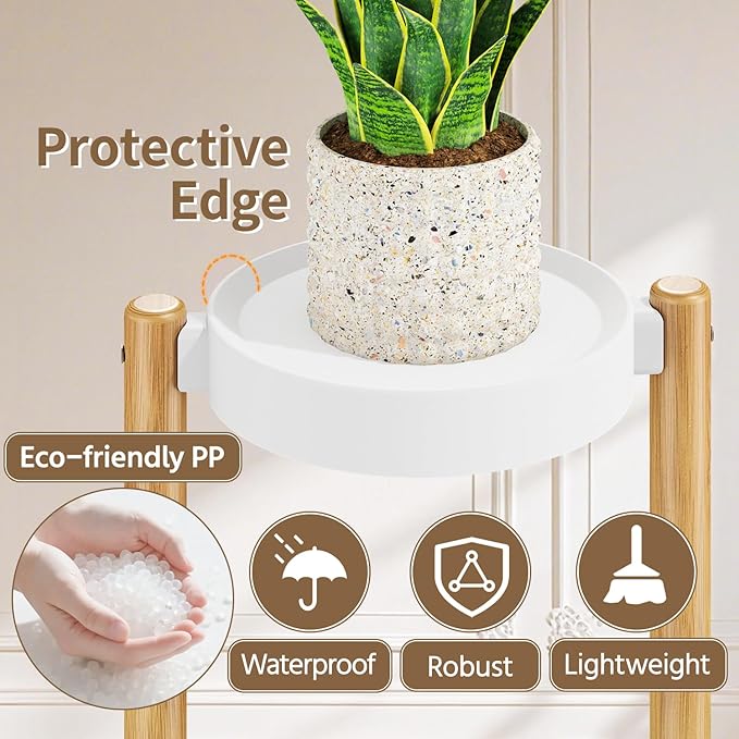 LASZOLA Bamboo White 5 Tier Heavy Duty Plant Stand Indoor, Tall Multiple Level Vertical Planter Rack for Modern Narrow Corner, Slim Spiral Flower Holder Organizer Display for House Decor, Plastic Tray