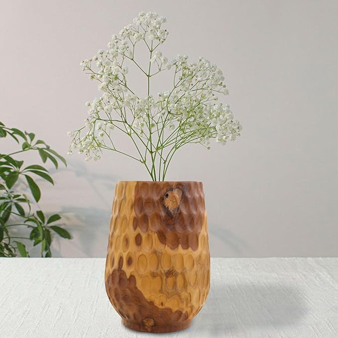 Teak Wooden Handcrafted Vase 6.7" x 6.7" x 9.5"H Natural Wood Pot Handmade Rustic Flower Holder for Entry Table Brown Stain Vintage Artworks Planter for Living Room Home Christmas Décor