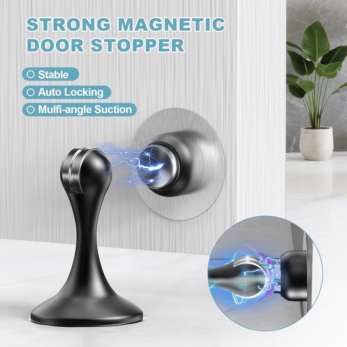 Skiennix Magnetic Door Stoppers - Stainless Steel Wall & Floor Mounting | No Drilling, 2 Pack, Black