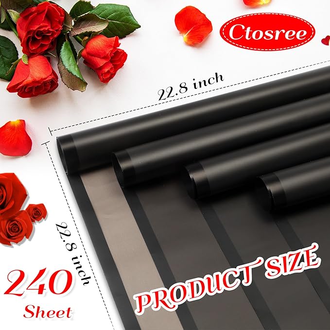Ctosree 240 Sheets Flower Wrapping Paper, 22.8 x 22.8 Inch Waterproof Florist Floral Korean Flower Bouquet Wrapping Paper for Wedding Birthday DIY Gift Packaging Bouquet(Black)