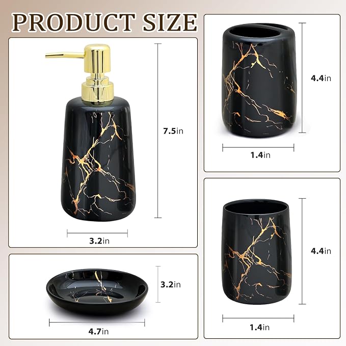 CERBIOR Bathroom Accessories Set,4 Pcs Ceramic Bathroom Decor Accessory,Includes Toothbrush Holder, Toothbrush Cup, Soap Dish for Decorative Countertop and Housewarming Gift(Black 4pcs)