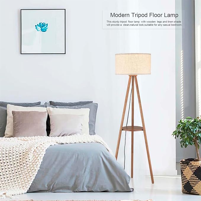 BTP Wood Tripod Floor Lamp, Farmhouse Shelf Wooden Standing light Drum Shade for Living Room, Bedroom, Office, Footswitch,ETL Listed/Brown Wood Color, 3 Color Temparature LED Bulb Include