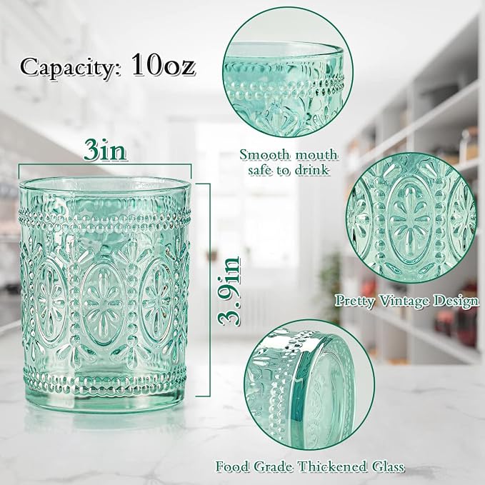 Darlion 6 Pack Green Vintage Glassware Set, 10oz Textured Embossed Drinking Glasses, Colored Water Glasses, Green Glass Cups for Juice, Cocktails, Beer, Iced Tea, Soda