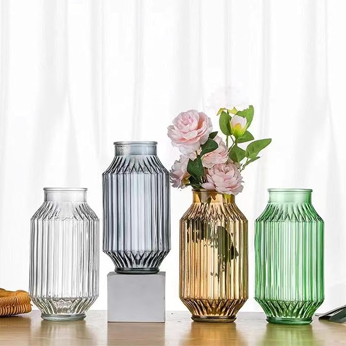 Flower Vase,Glass Vase,9.2 inch,Vintage Clear Ribbed Glass Vase for Home Decor,Bookshelf,Dinner Table,Indoor Office Desktop,Meeting Room,Home Christmas Day Decoration