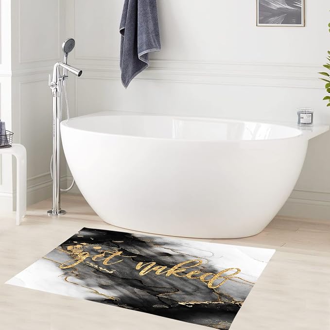 LB Black and Gold Marble Bathroom Rug Funny Quote Get Naked Non Slip Bath Mat Abstract Geometric Art Doormat Memory Foam Super Absorbent Floor Mats,31.5x19.6 Inch