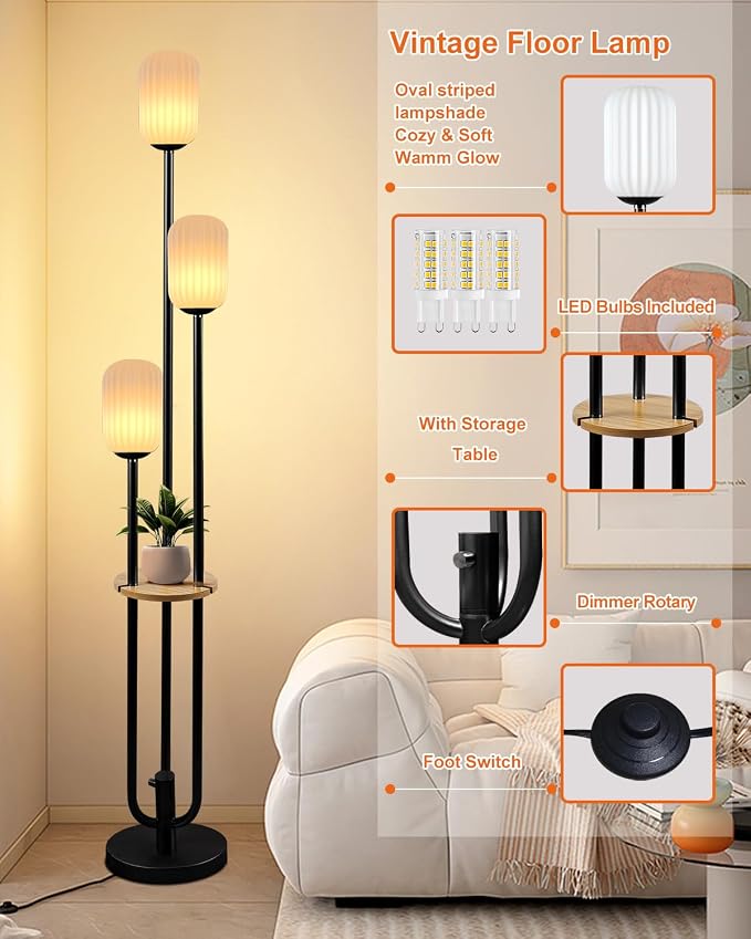 Floor Lamp for Living Room, Dimmable Vintage Floor Lamp with Shelf & LED Bulbs, 3 Light 3000K Soft Warmwhite Mid Century Standing Lamp, Tall Lamps with 5Lbs Heavy Base for Bedroom Home Decor