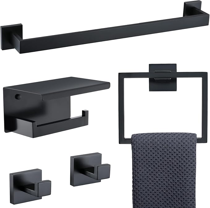Black Towel Bar Set 5-Piece Bathroom Hardware Set Including 23.6 Inch Towel Bar,Towel Ring Towel Hook and Toilet Paper Holder with Shelf,Stainless Steel Bathroom Accessories Set