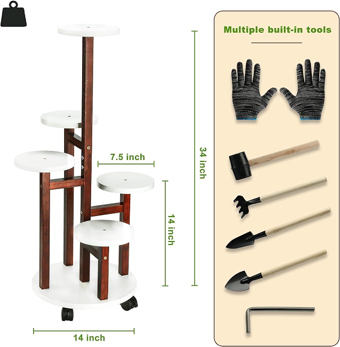 Plant Stand Indoor with Wheels - 5 Tiered Wood Corner Plant Stands For Living Room Balcony Garden Patio Outdoor- Espresso White