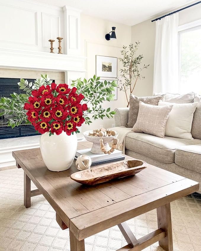 Hollyone 10 Heads Red Poppy Flowers Artificial 2Pcs Fake Poppies Flowers Bouquets with 7 Heads Full Bloom Poppy & 3 Buds Bouquet Stems Spring Sumer Faux Floral Flower Arrangement for DIY Home Decor
