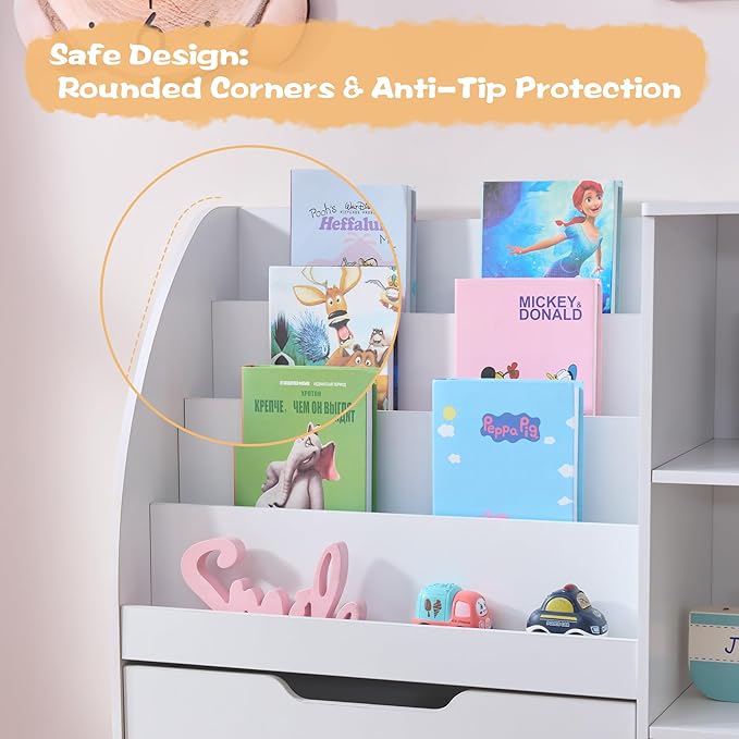 Kids Bookshelf and Toy Storage, 58.5’’ Toy Storage Organizer with Movable Chests & 3 Storage Bins, Large Kids Reading Nook Toy Organizers and Storage with 5 Cubbies for Playroom, Bedroom, White