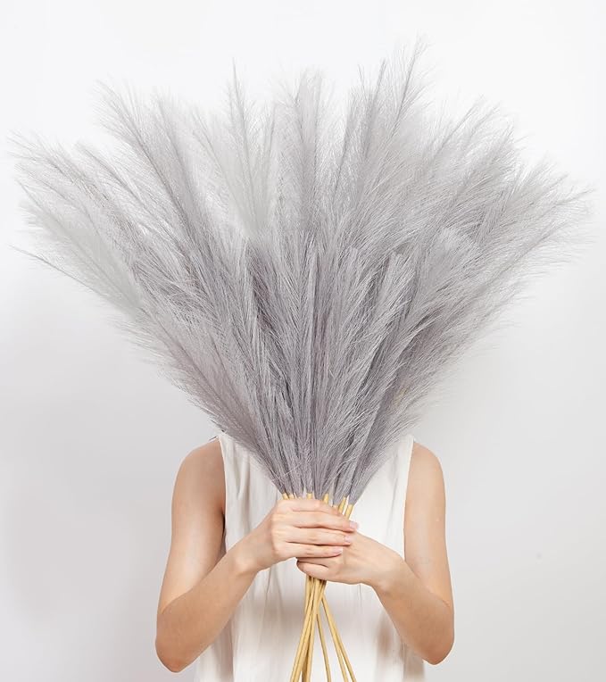 9 Pcs 45" Tall Pampas Grass Grey Decor, Long Stem Artificial Flower Floor Vase Large Faux Floral Pompas Fake Plants Dried Bouquet Arrangement Vase Filler for Boho Home Wedding Decoration