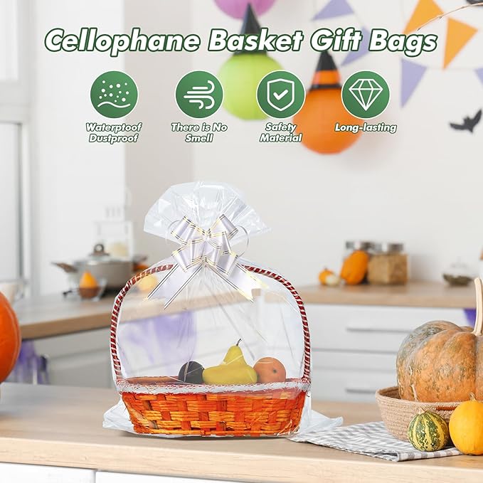 50 Packs 32” x 40” Gift Wrap Cellophane Bags for Basket Extra-large Jumbo Clear Cellophane Wraps Clear Huge Cello Bags for Basket, Gift, Christmas Tree, Treat, Art and Craft, 50ct White Ribbon Bows