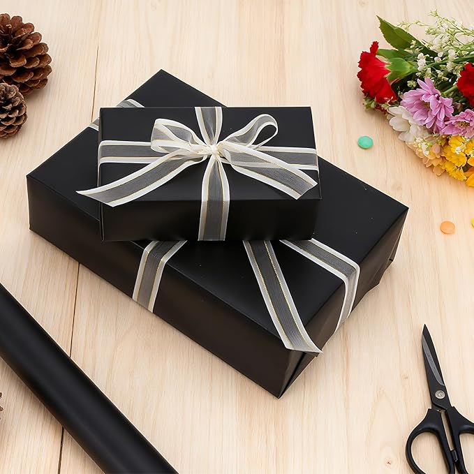 Black Wrapping Paper, 2 Roll 17inch x 33ft Matte Metallic Black Solid Color Gift Wrapping Paper Perfect for Graduation Gifts, Father's Day, Baby Shower, Birthday, Christmas, Wedding, DIY Invitations
