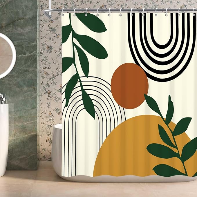 Boho Geometric Shower Curtain Beige Mid Century Abstract Arch Curve Bathroom Curtain Minimalistic Sun Shower Curtain Sets for Bathroom Extra Long 72x78 in with 12 Hooks