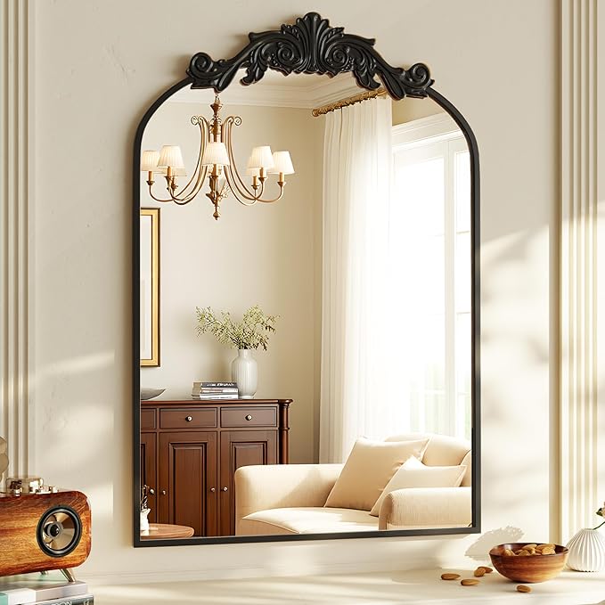 VooBang Vintage Arched Bathroom Mirror, 24x36 Inch Retro Wall Mounted Vanity Mirror with Carved Pattern Top and Metal Frame, Black Decorative Mirror for Hanging or Leaning